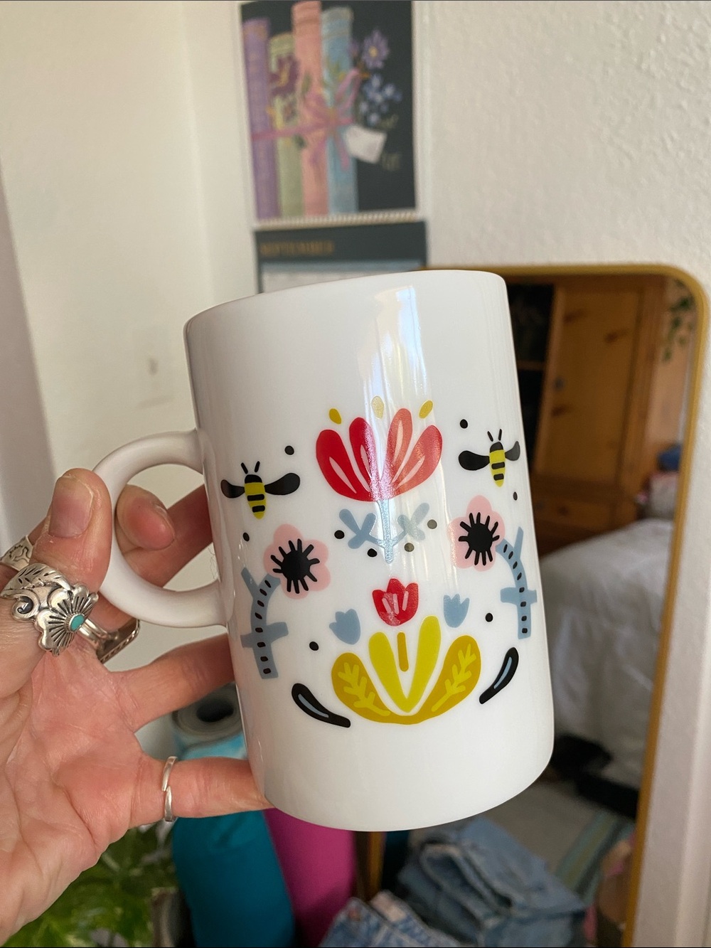 🐝 Danica Studio White Floral Folk-Art Ceramic Mug NWOT